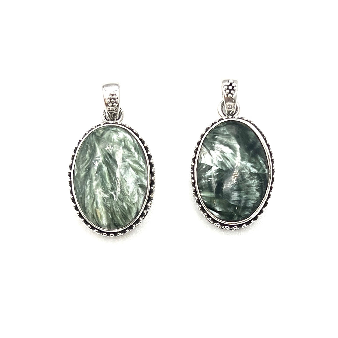 Sterling Silver Beaded Seraphinite Oval Pendants