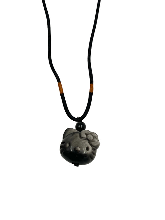 Silver Sheen Obsidian Hello Kitty Necklace