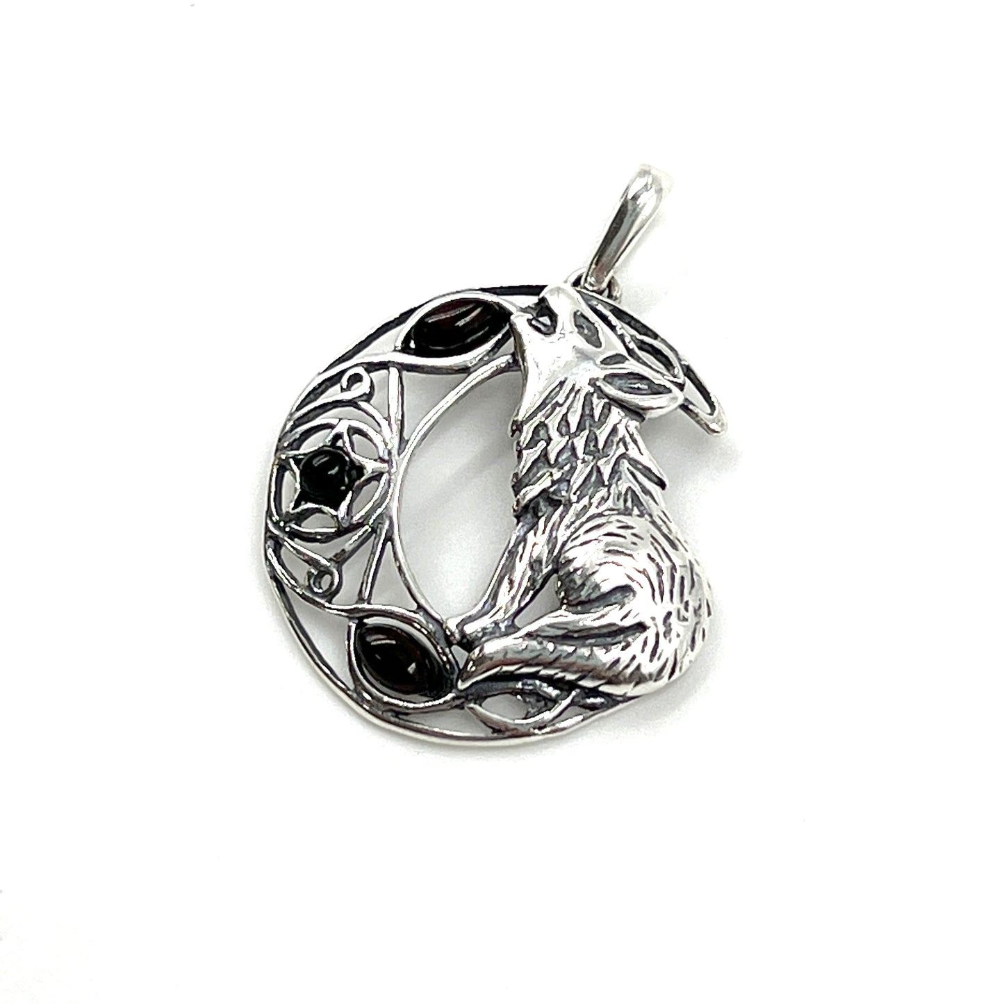 Sterling Silver Amber Wolf Howling Pendants