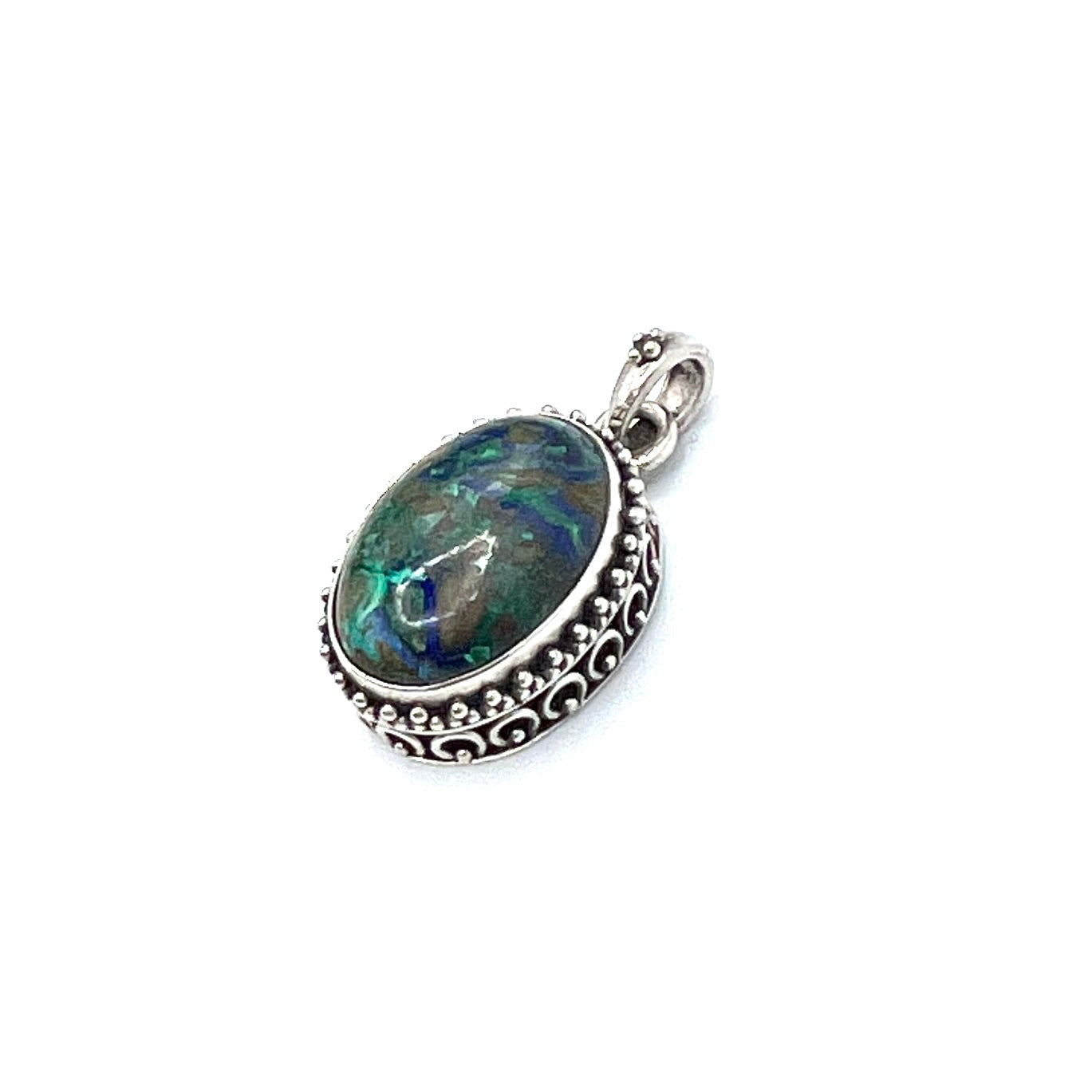 Sterling Silver Beaded Azurite & Malachite Oval Pendants