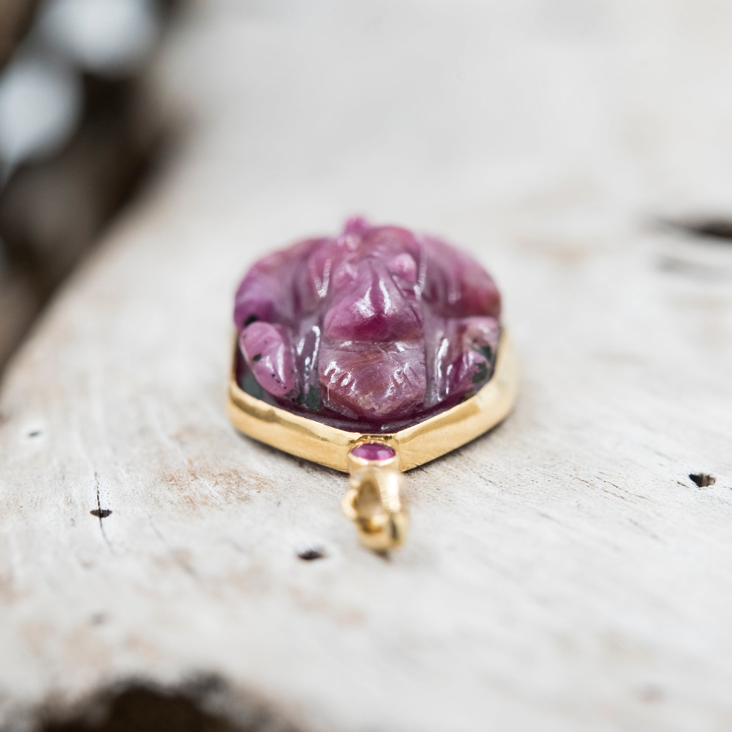 14 Karat Gold | Handcarved Ganesh Ruby Pendant