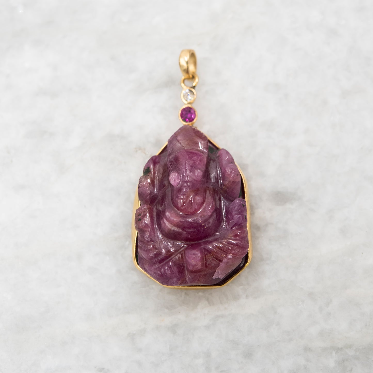14 Karat Gold | Handcarved Ganesh Ruby Pendant