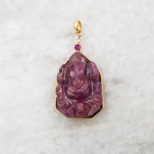14 Karat Gold | Handcarved Ganesh Ruby Pendant
