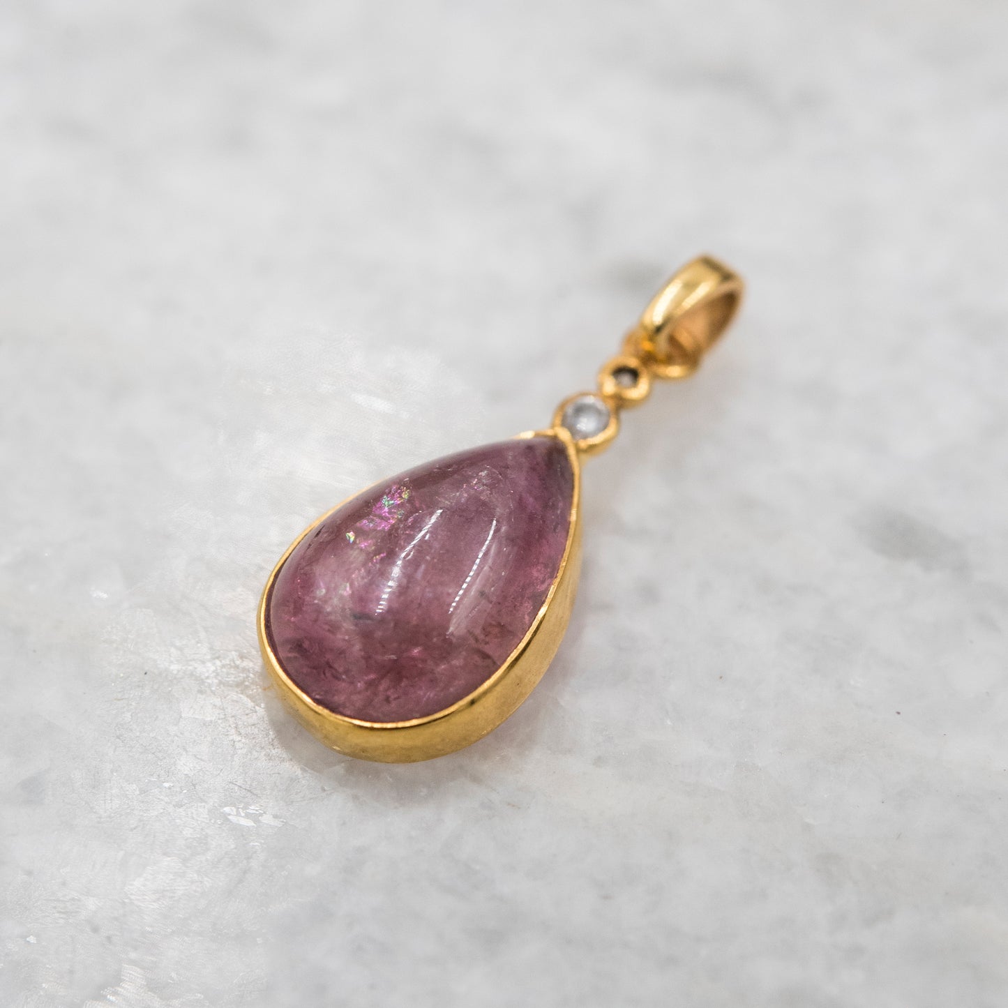 14 Karat Gold | Pink Tourmaline Teardrop  w/ Diamond Pendant