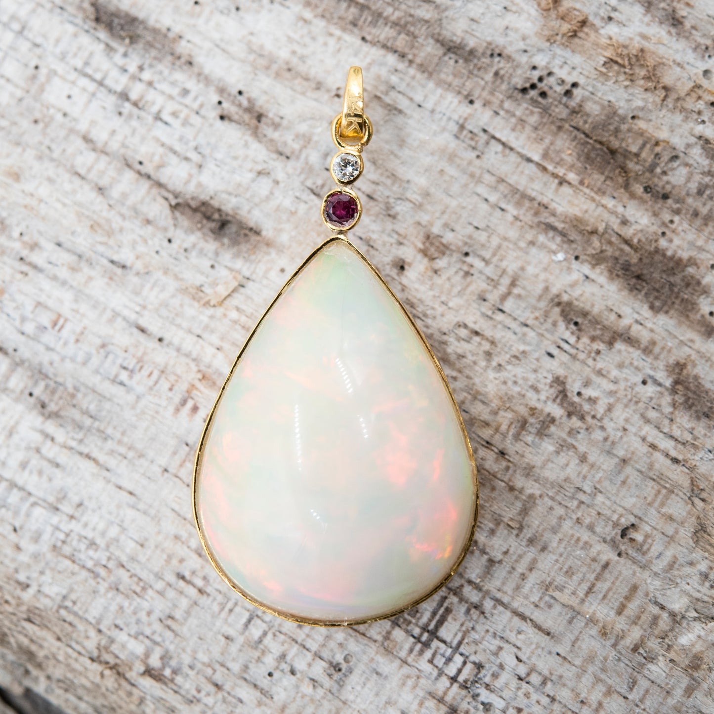 14 Karat Gold | XXL Ethiopian Opal Teardrop w/ Diamond & Ruby Pendant