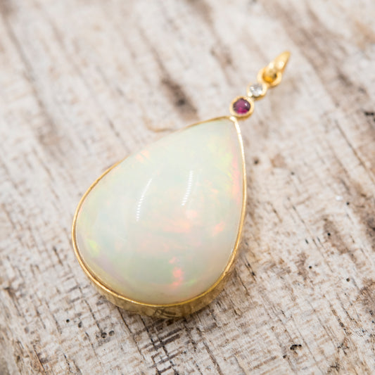 14 Karat Gold | XXL Ethiopian Opal Teardrop w/ Diamond & Ruby Pendant
