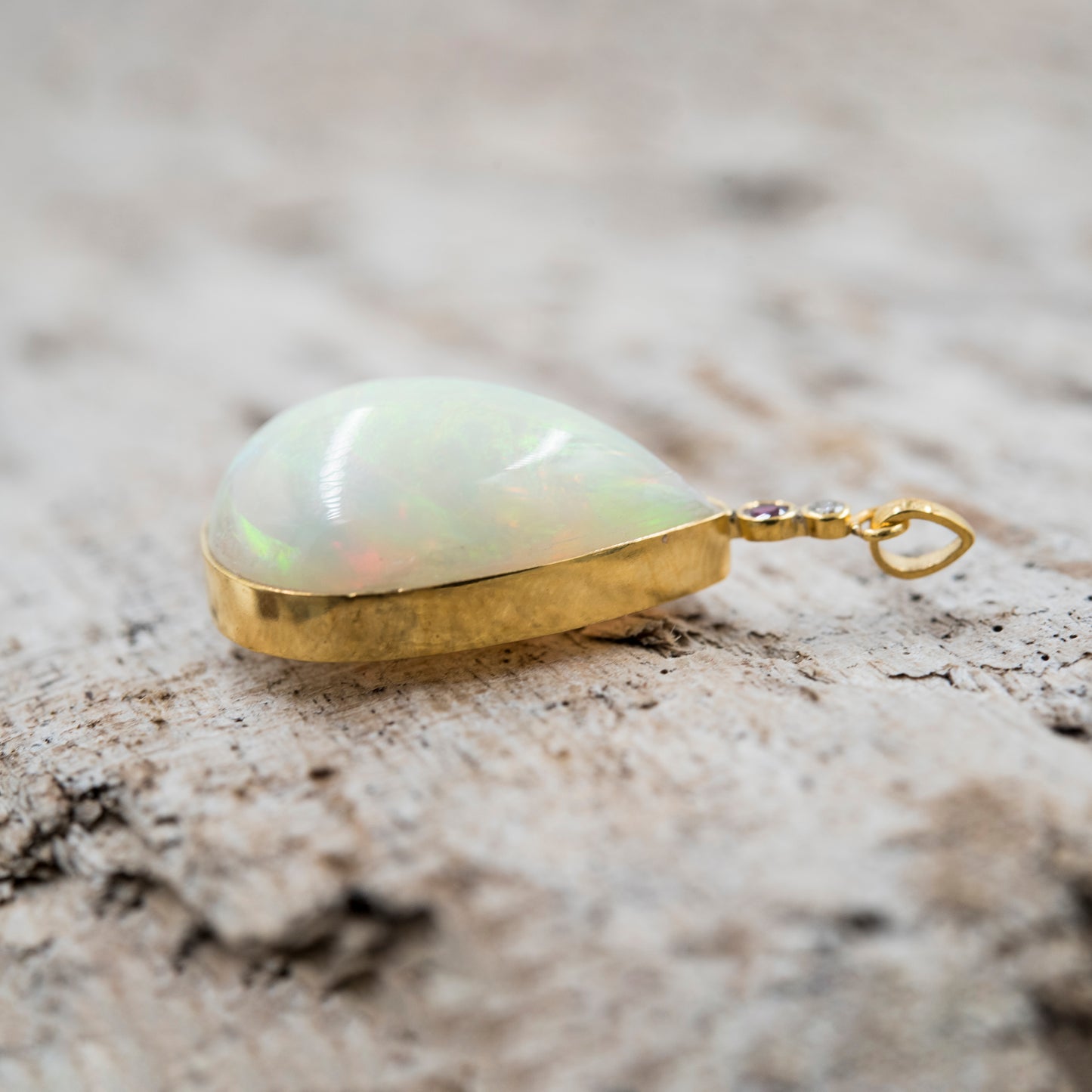14 Karat Gold | XXL Ethiopian Opal Teardrop w/ Diamond & Ruby Pendant