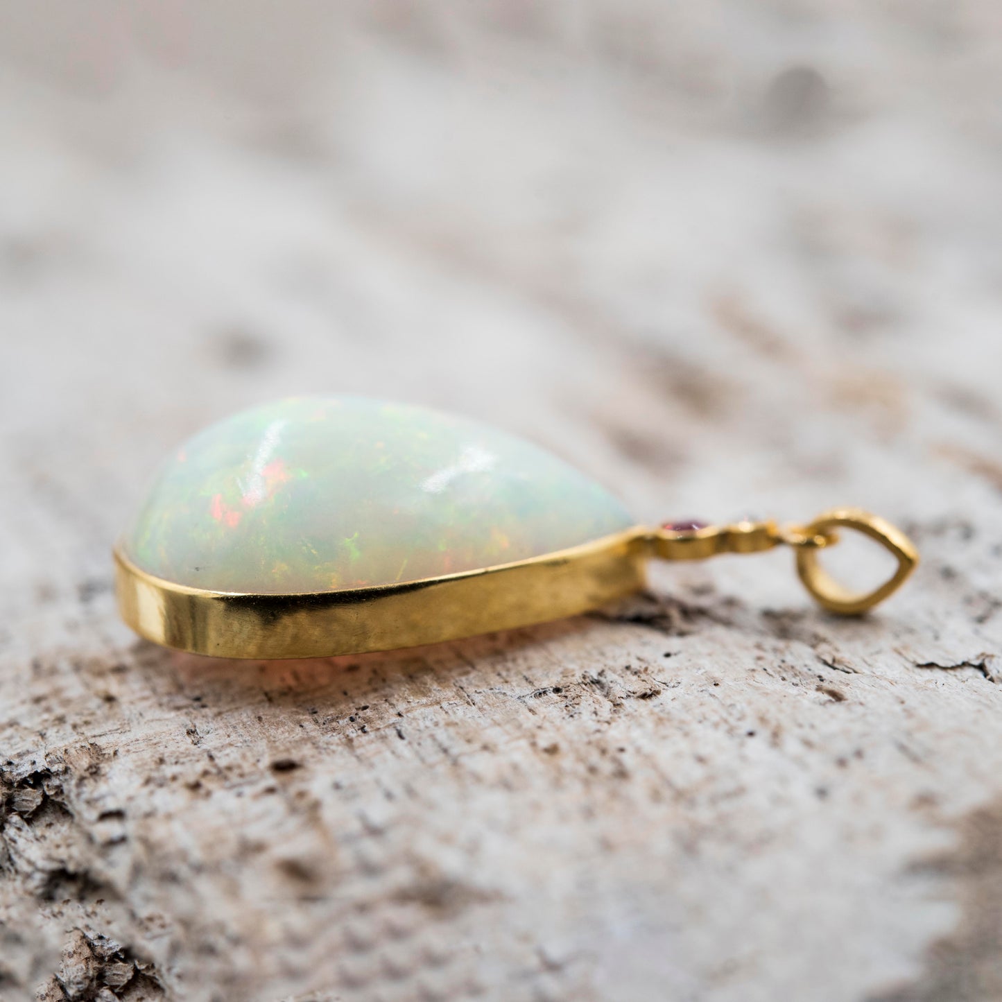 14 Karat Gold | XL Ethiopian Opal Teardrop w/ Diamond & Ruby Pendant