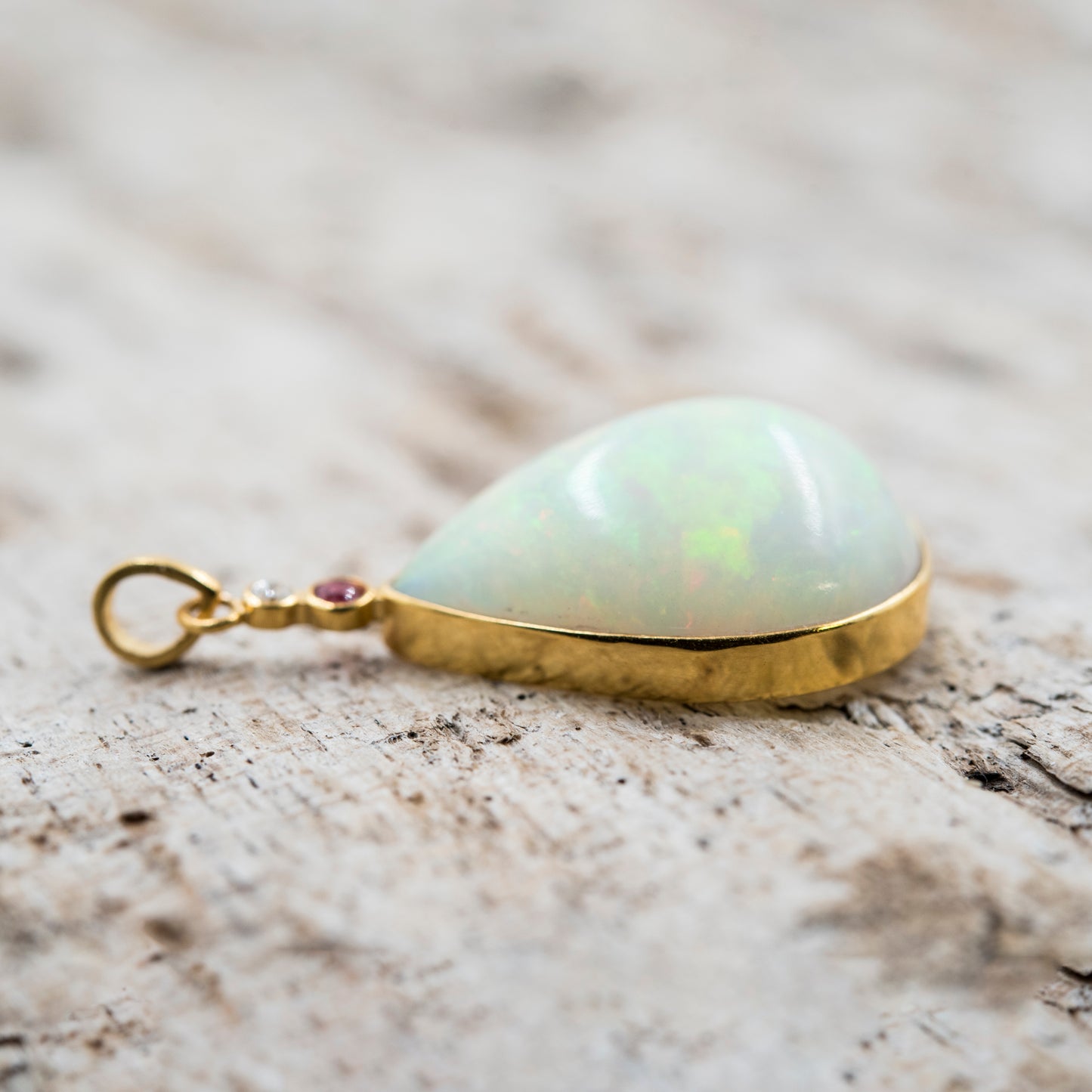 14 Karat Gold | XL Ethiopian Opal Teardrop w/ Diamond & Ruby Pendant