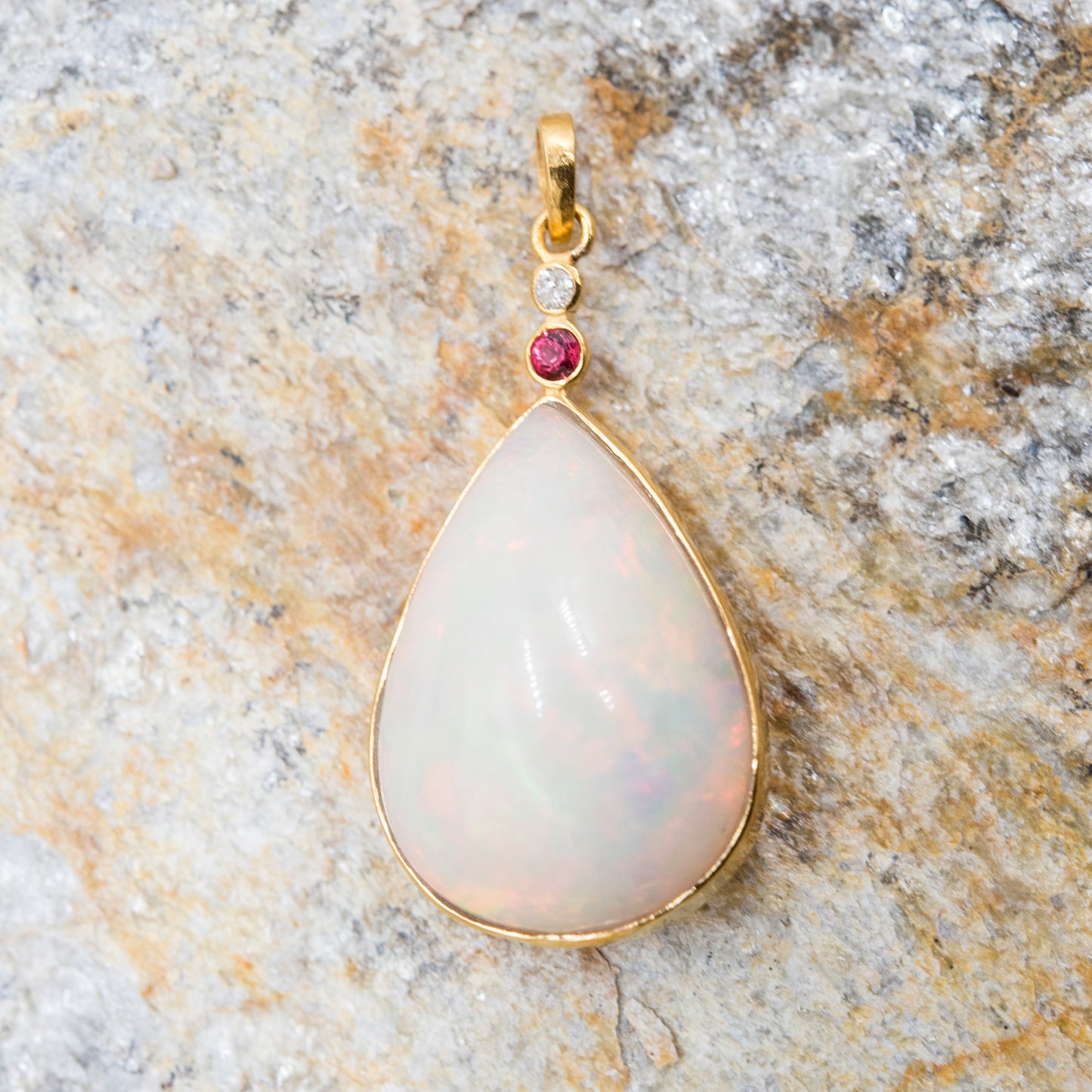 14 Karat Gold | XL Ethiopian Opal Teardrop w/ Diamond & Ruby Pendant