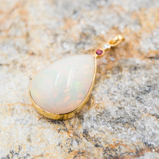 14 Karat Gold | XL Ethiopian Opal Teardrop w/ Diamond & Ruby Pendant