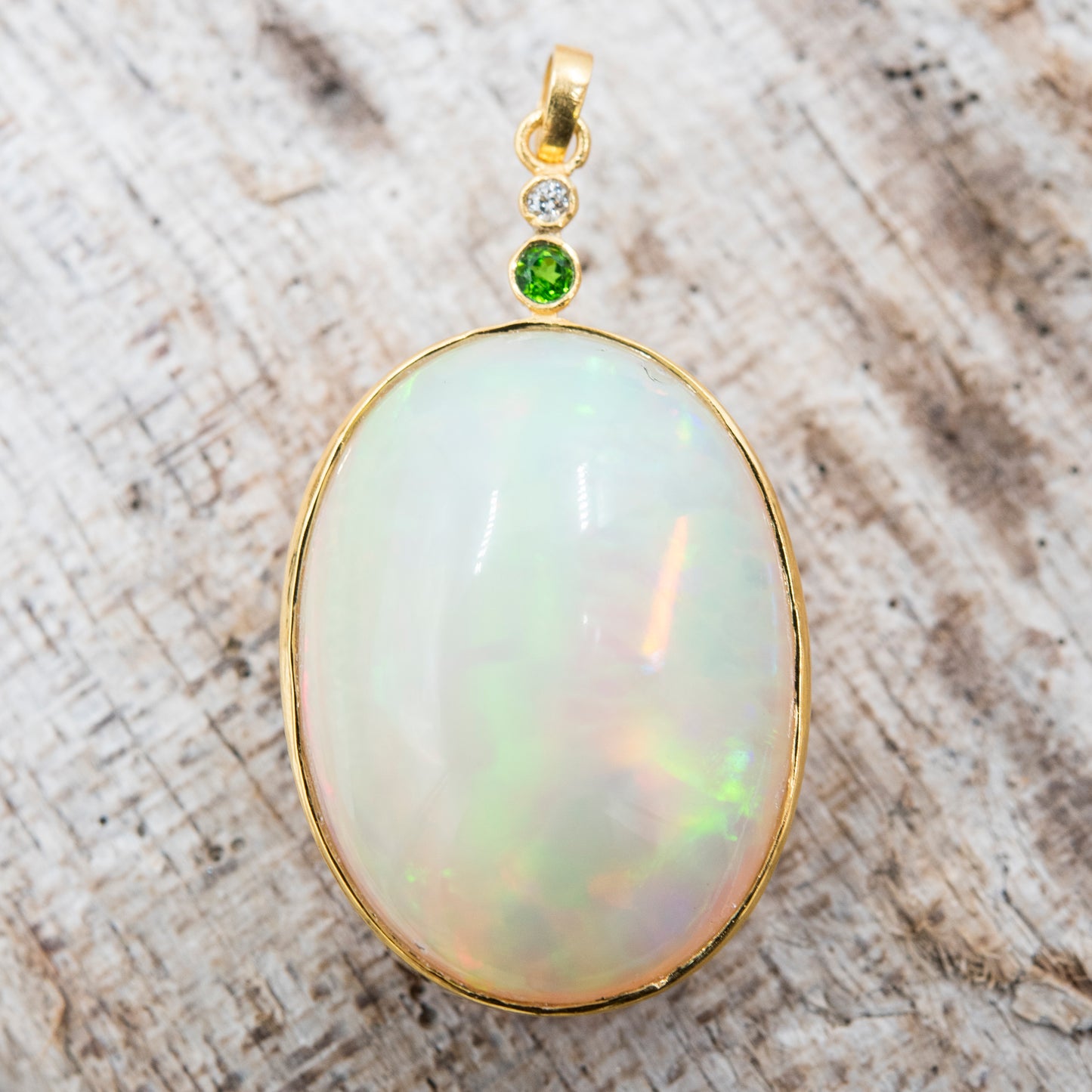 14 Karat Gold | XXL Ethiopian Opal w/ Diamond and Emerald Pendant