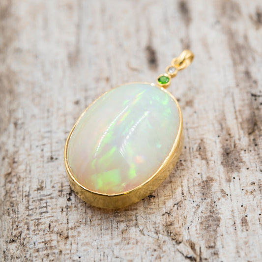 14 Karat Gold | XXL Ethiopian Opal w/ Diamond and Emerald Pendant