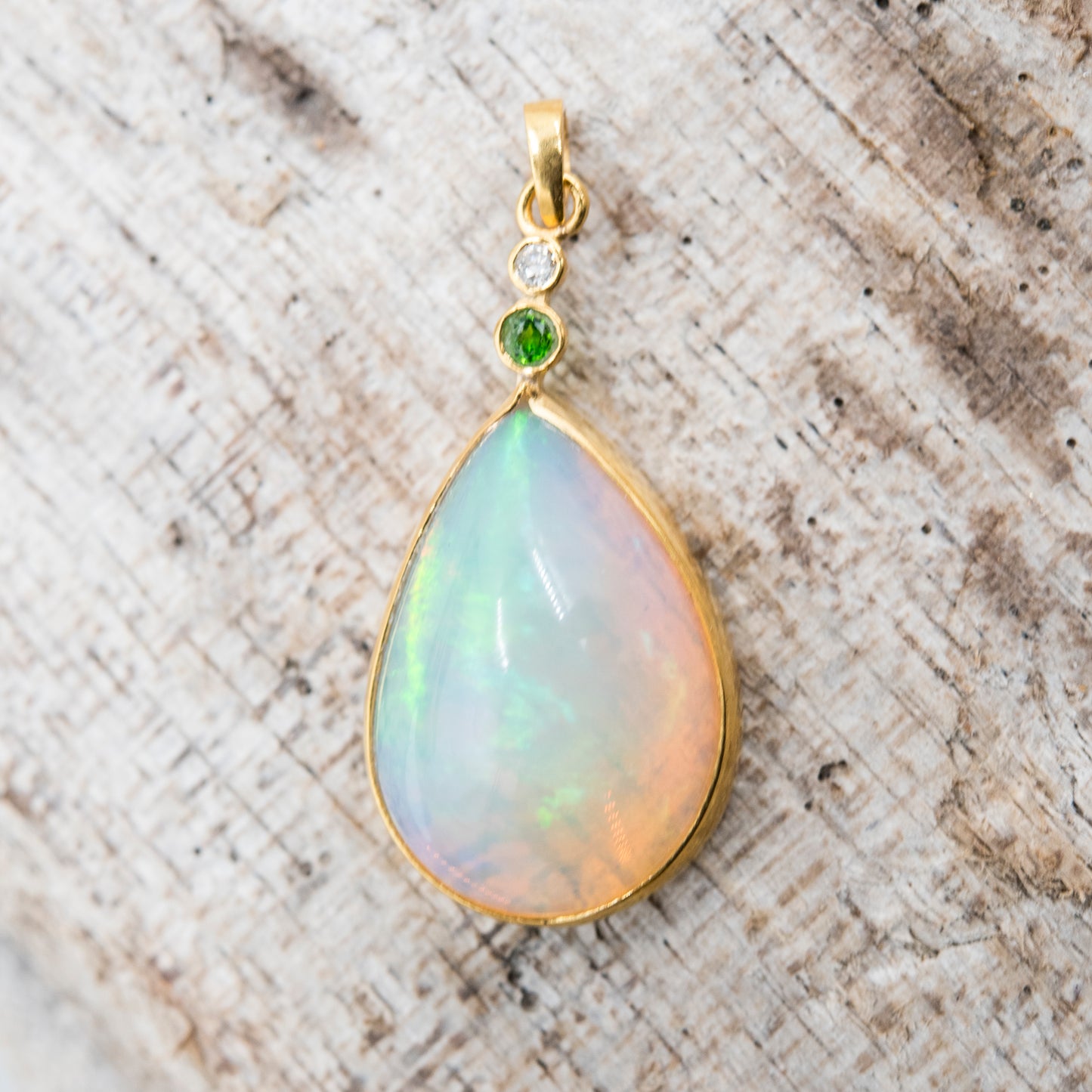 14 Karat Gold | XL Ethiopian Opal w/ Diamond and Emerald Pendant