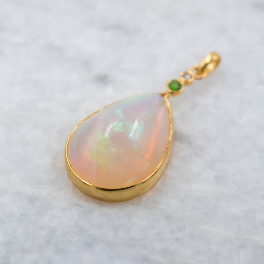 14 Karat Gold | XL Ethiopian Opal w/ Diamond and Emerald Pendant