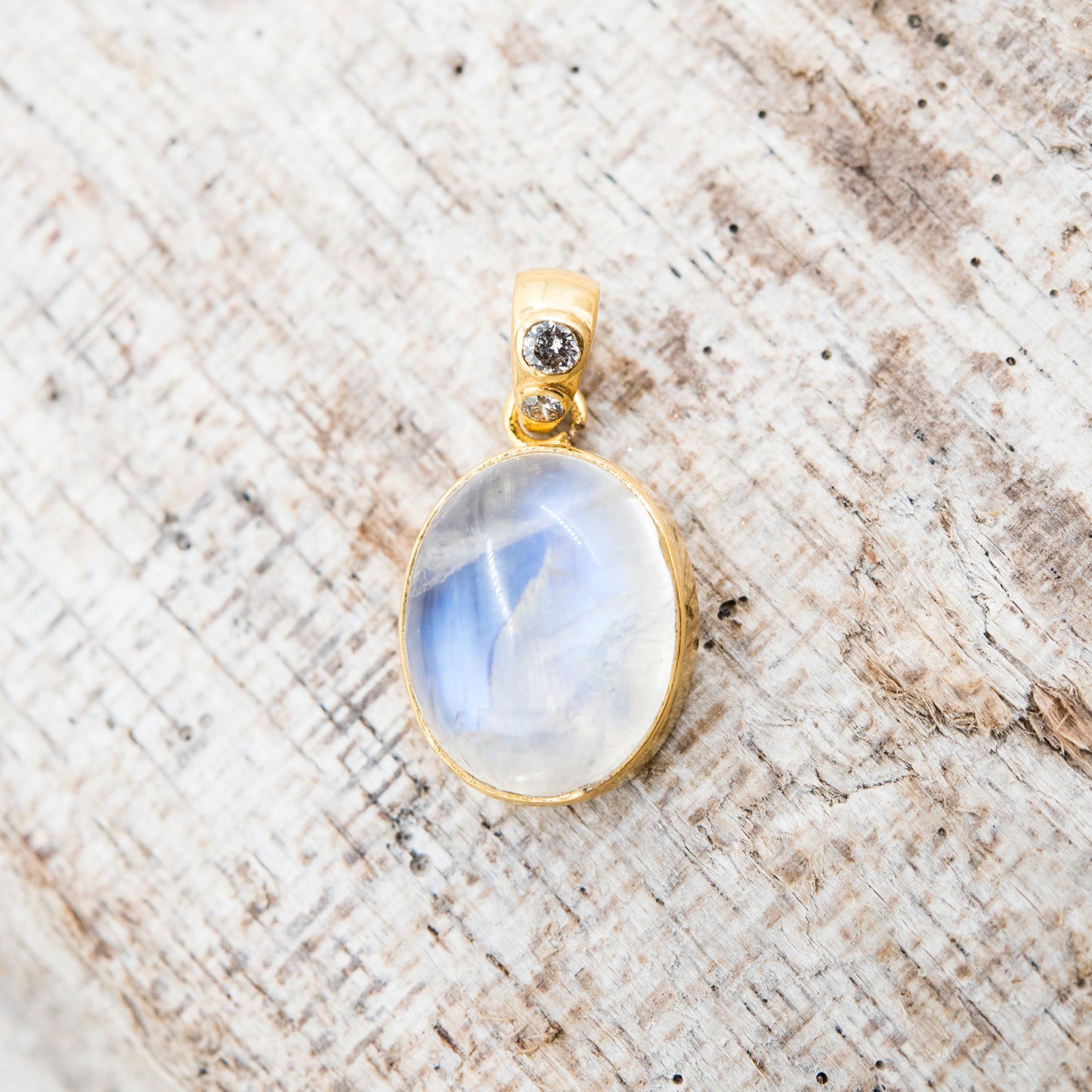 14 Karat Gold | Rainbow Moonstone & Diamond Pendants