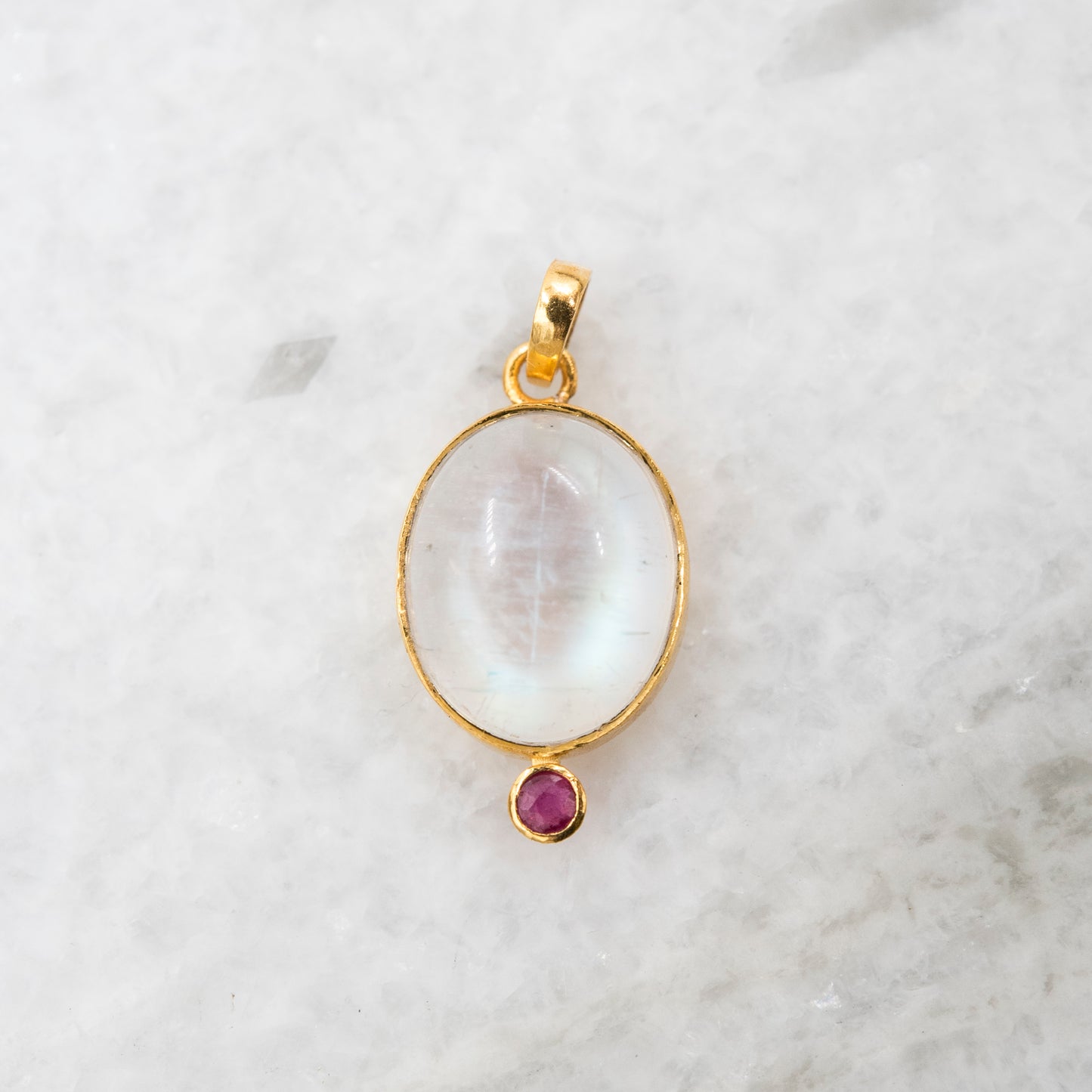 14 Karat Gold | Rainbow Moonstone & Ruby Pendants