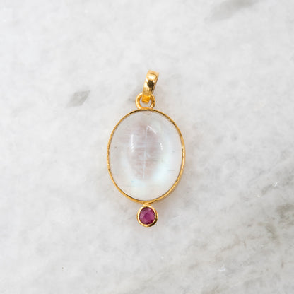14 Karat Gold | Rainbow Moonstone & Ruby Pendants