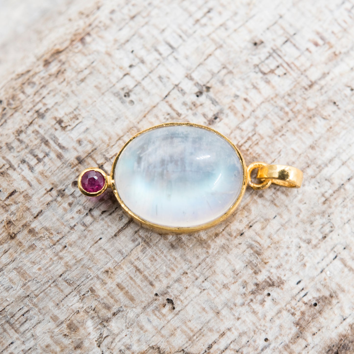 14 Karat Gold | Rainbow Moonstone & Ruby Pendants