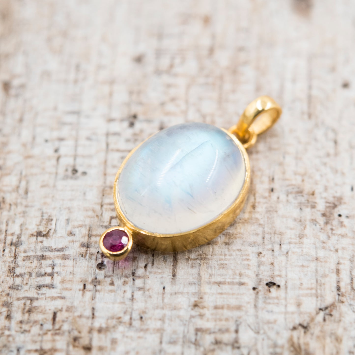 14 Karat Gold | Rainbow Moonstone & Ruby Pendants