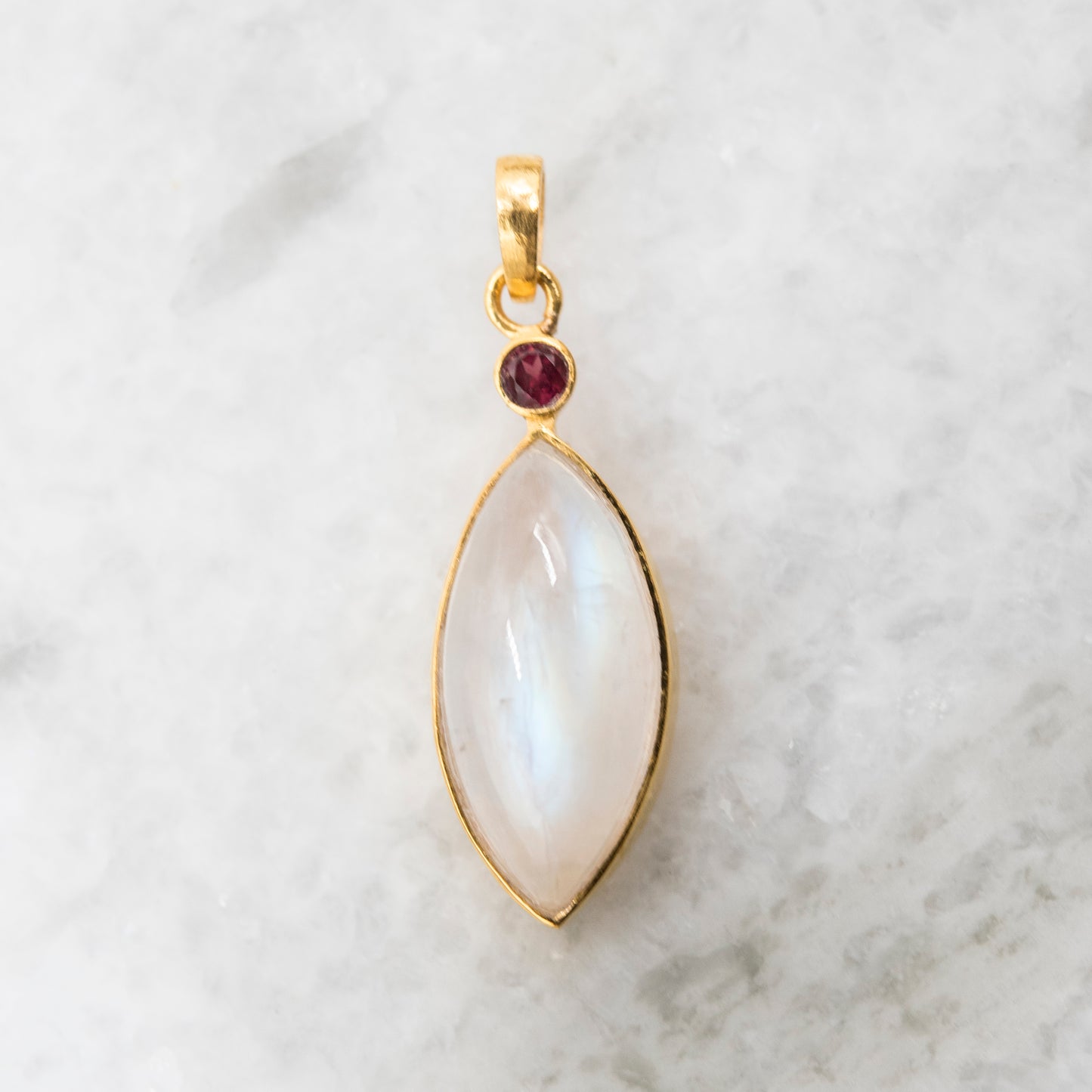 14 Karat Gold | Rainbow Moonstone & Ruby Pendants