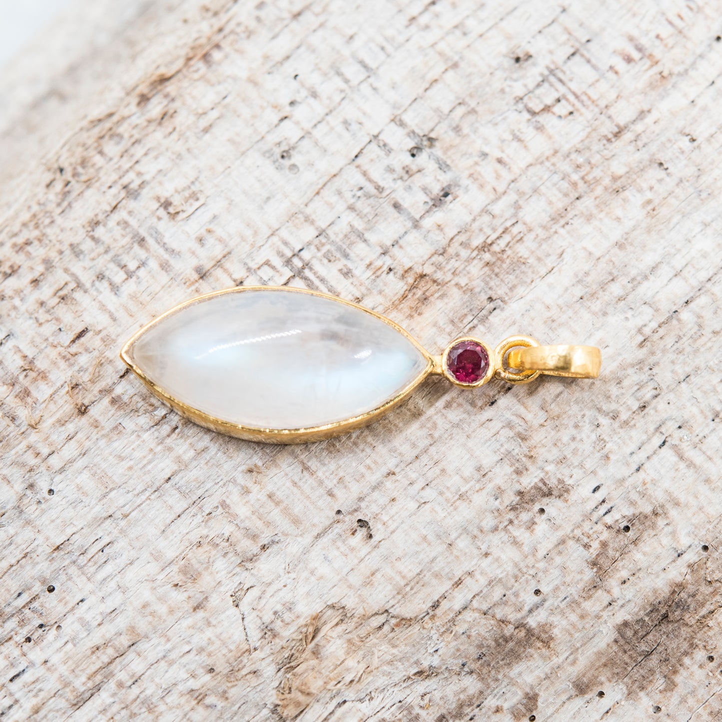 14 Karat Gold | Rainbow Moonstone & Ruby Pendants