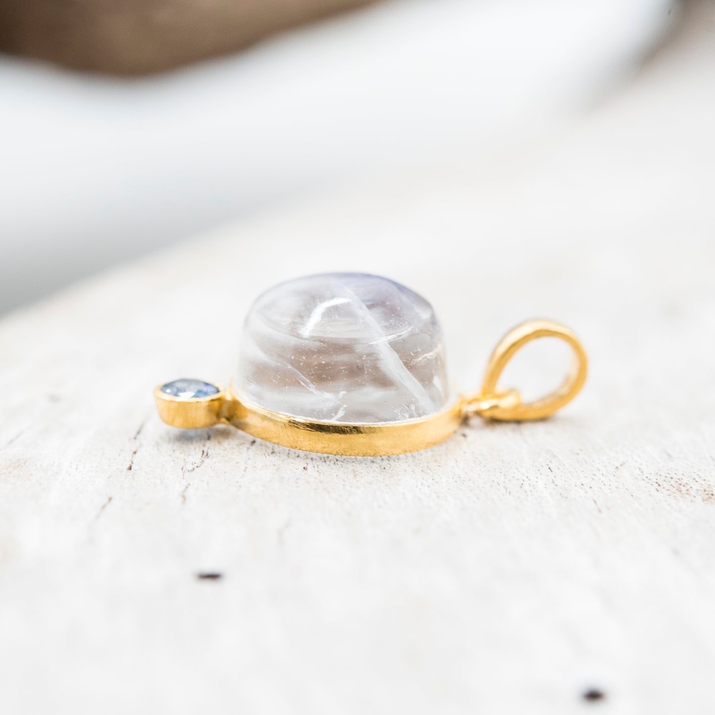 14 Karat Gold | Rainbow Moonstone & Emerald Pendant