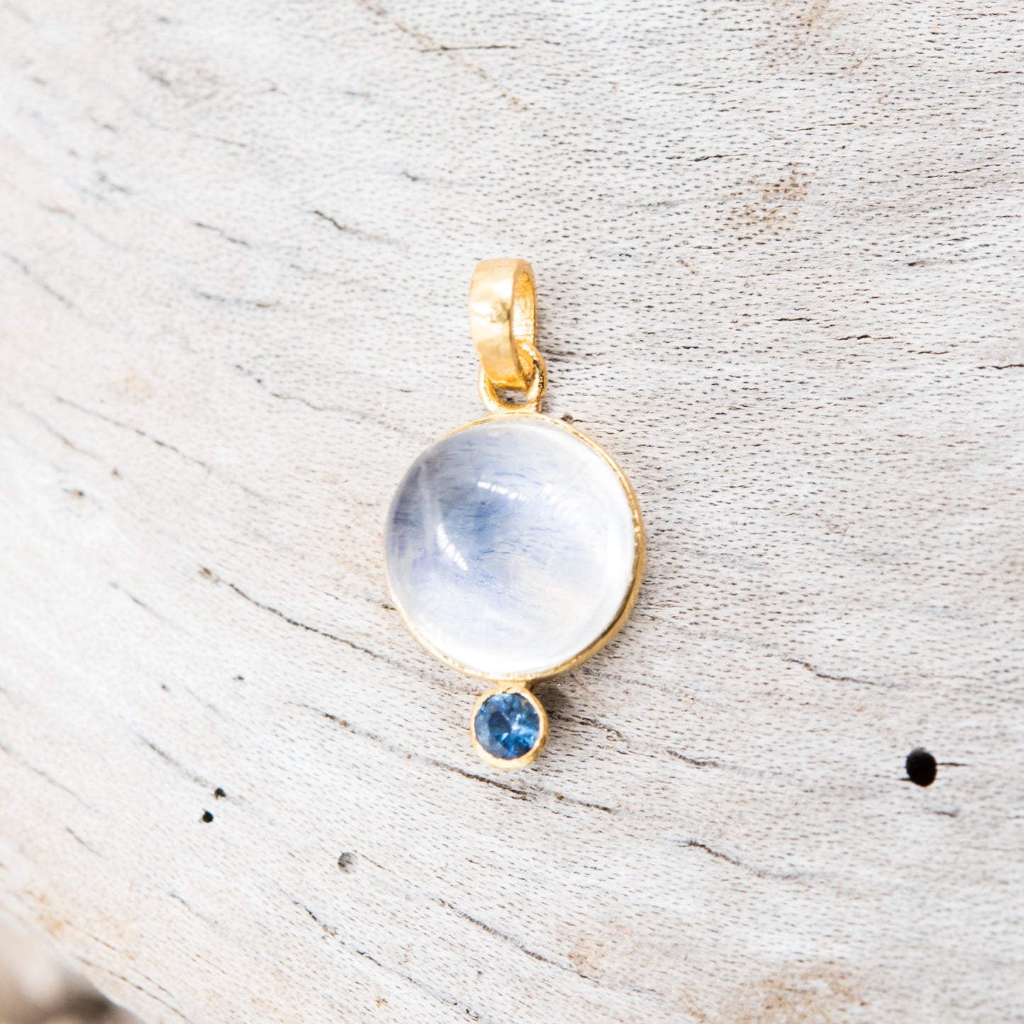 14 Karat Gold | Rainbow Moonstone & Emerald Pendant