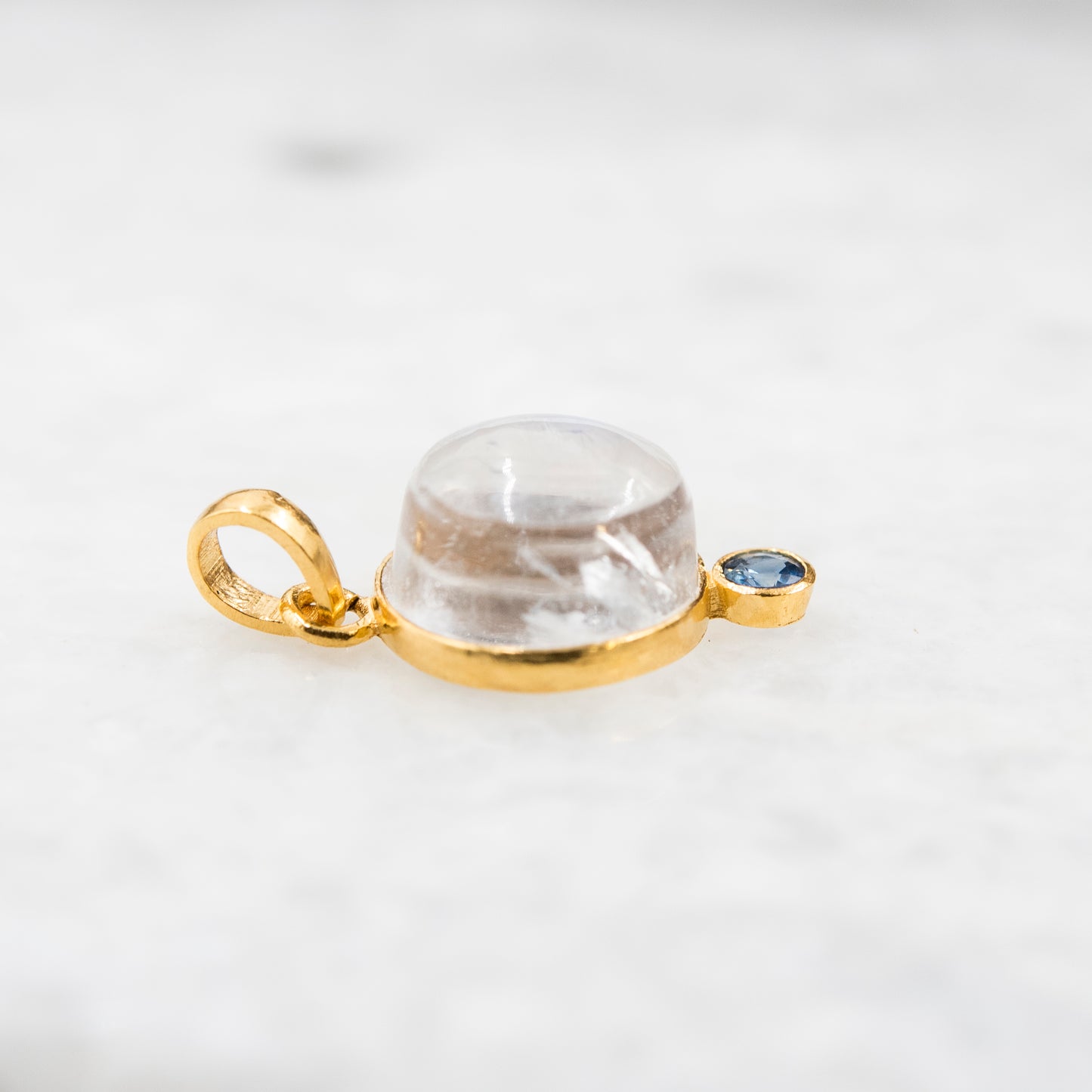 14 Karat Gold | Rainbow Moonstone & Emerald Pendant