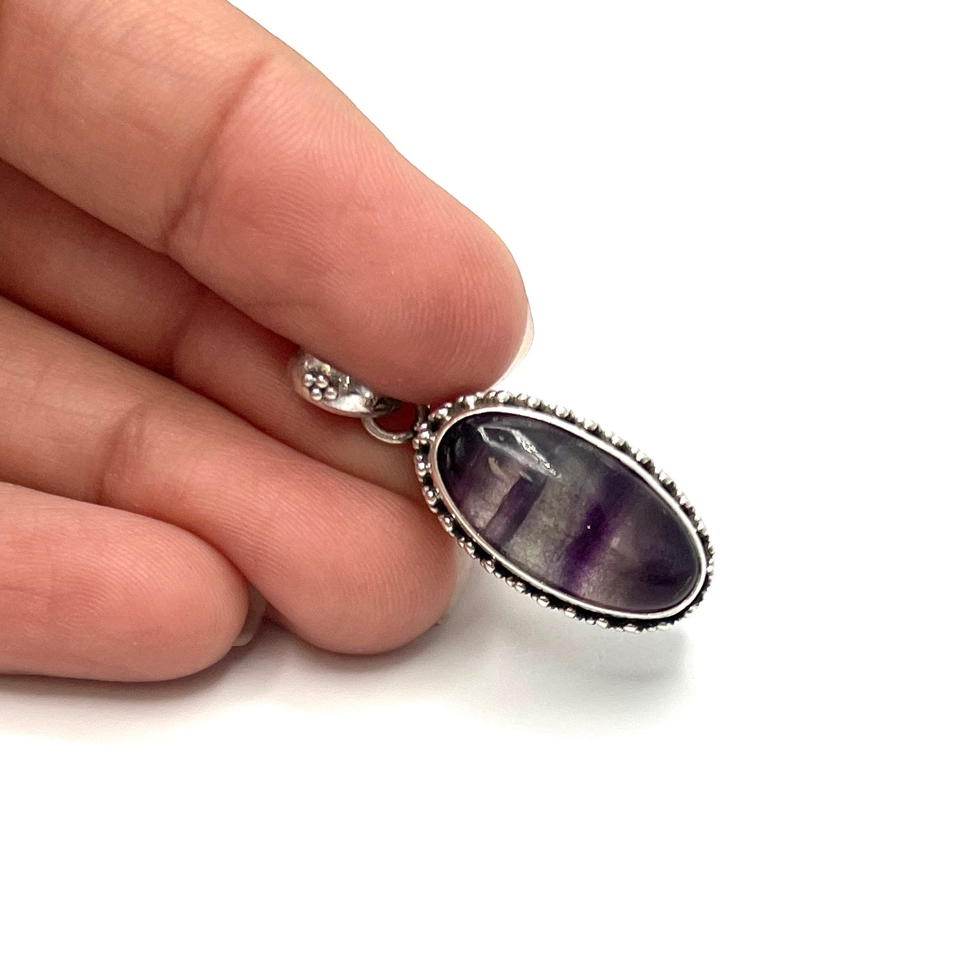 Sterling Silver Beaded Fluorite Oval Pendants