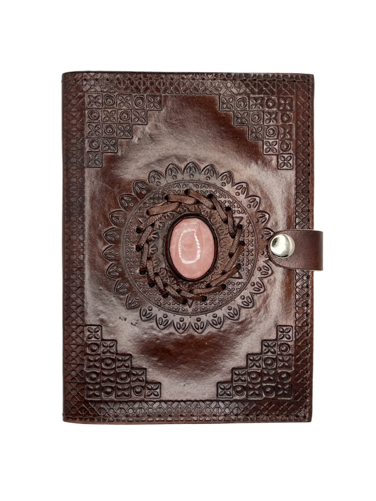 Camel Leather Gemstone Journal | Blocked Leaf Mandala | 7" x 5" x 1/2"