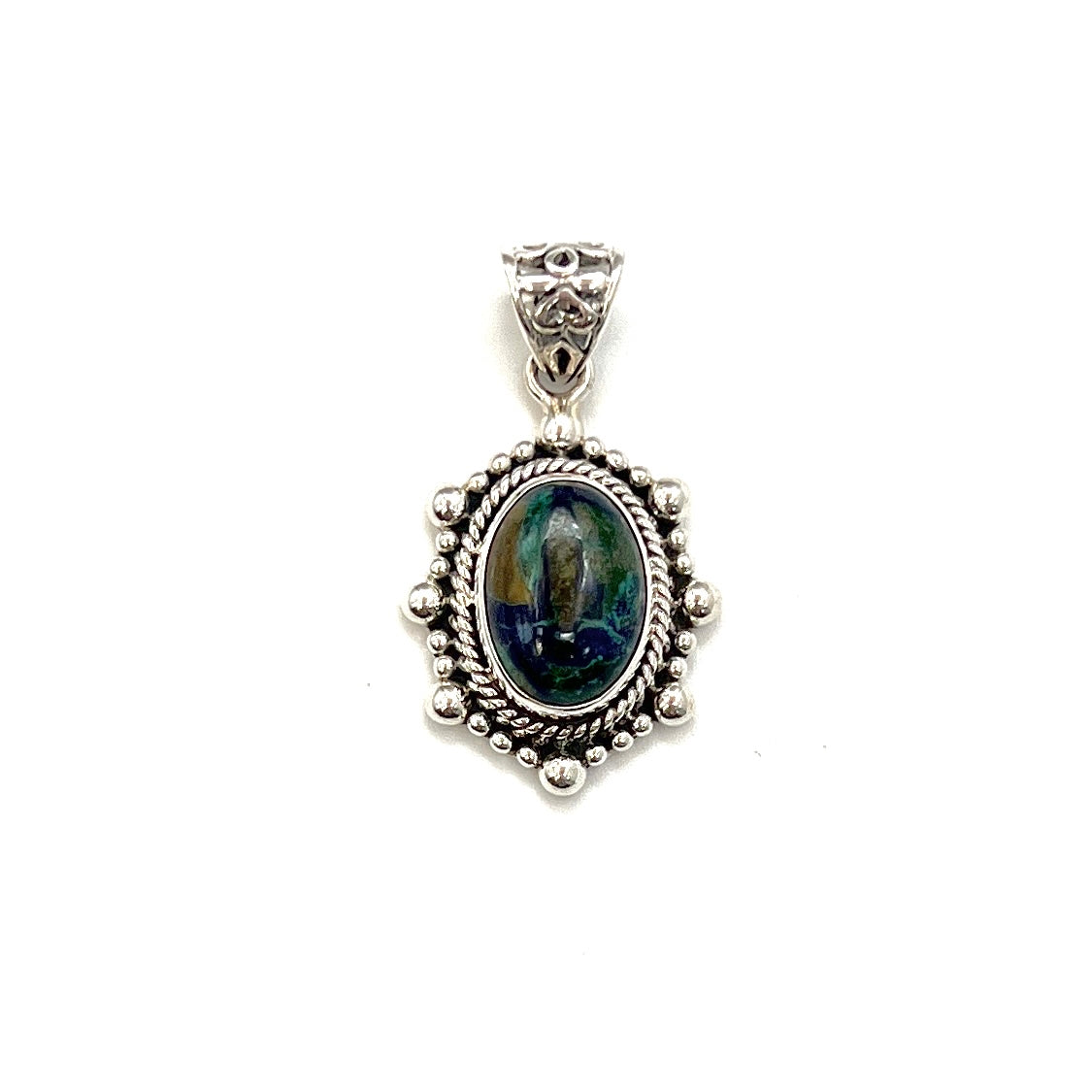 Sterling Silver Beaded Azurite & Malachite Oval Pendants