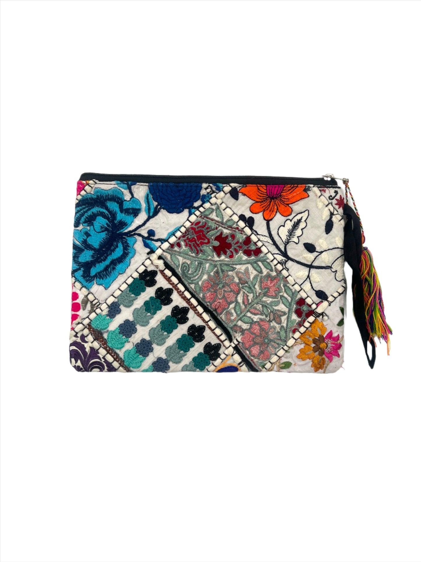 Rectangle Recycled Hand Embroidered Rajasthani Zipper Bag | Tassel