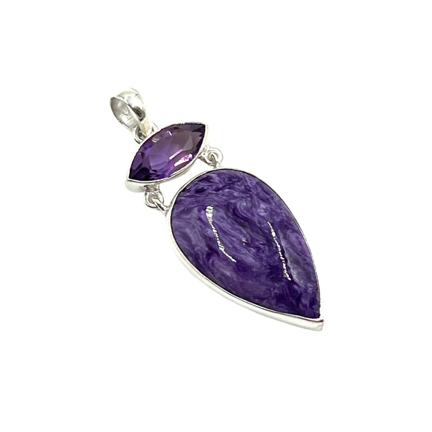 Sterling Silver Amethyst & Charoite Teardrop Pendants