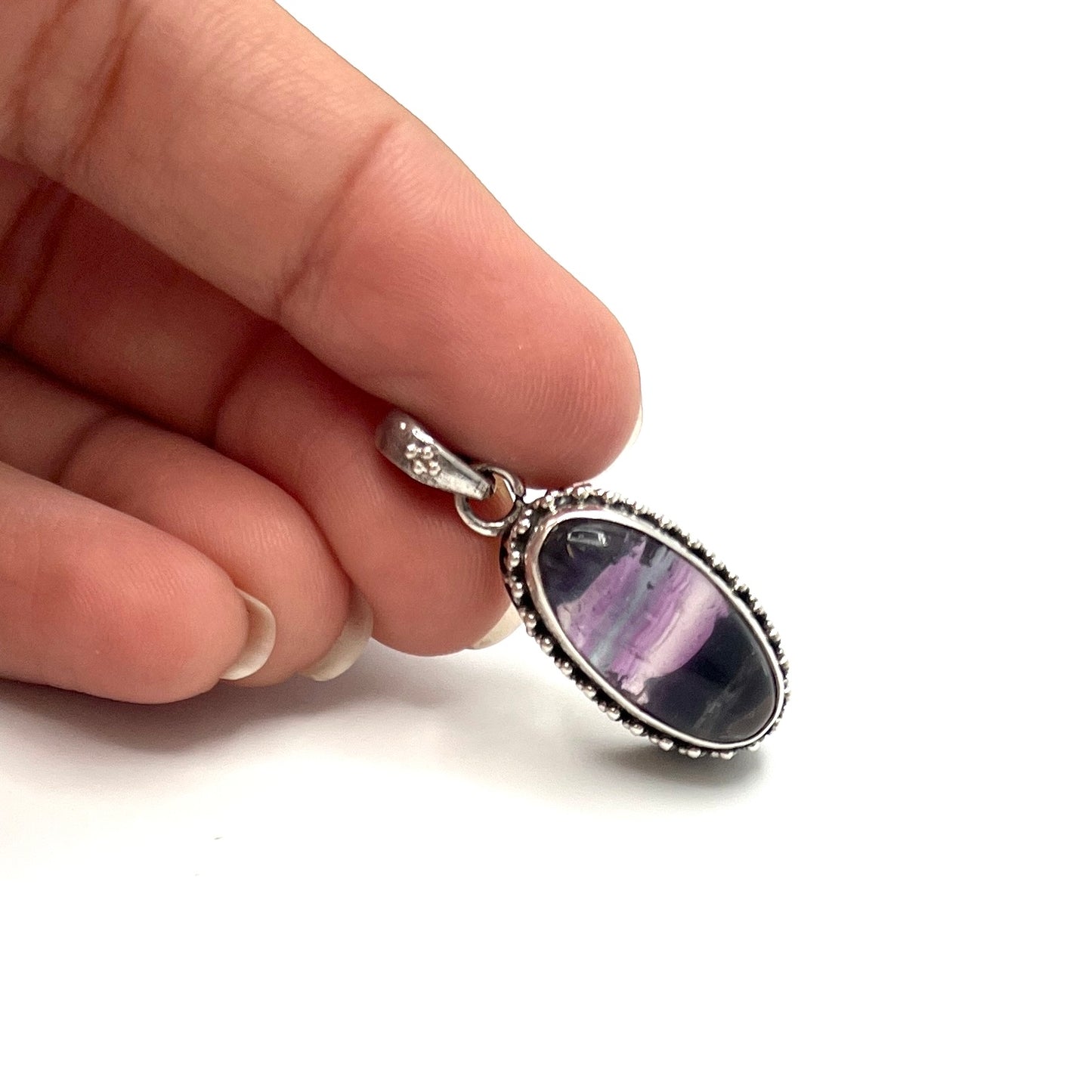 Sterling Silver Beaded Fluorite Oval Pendants