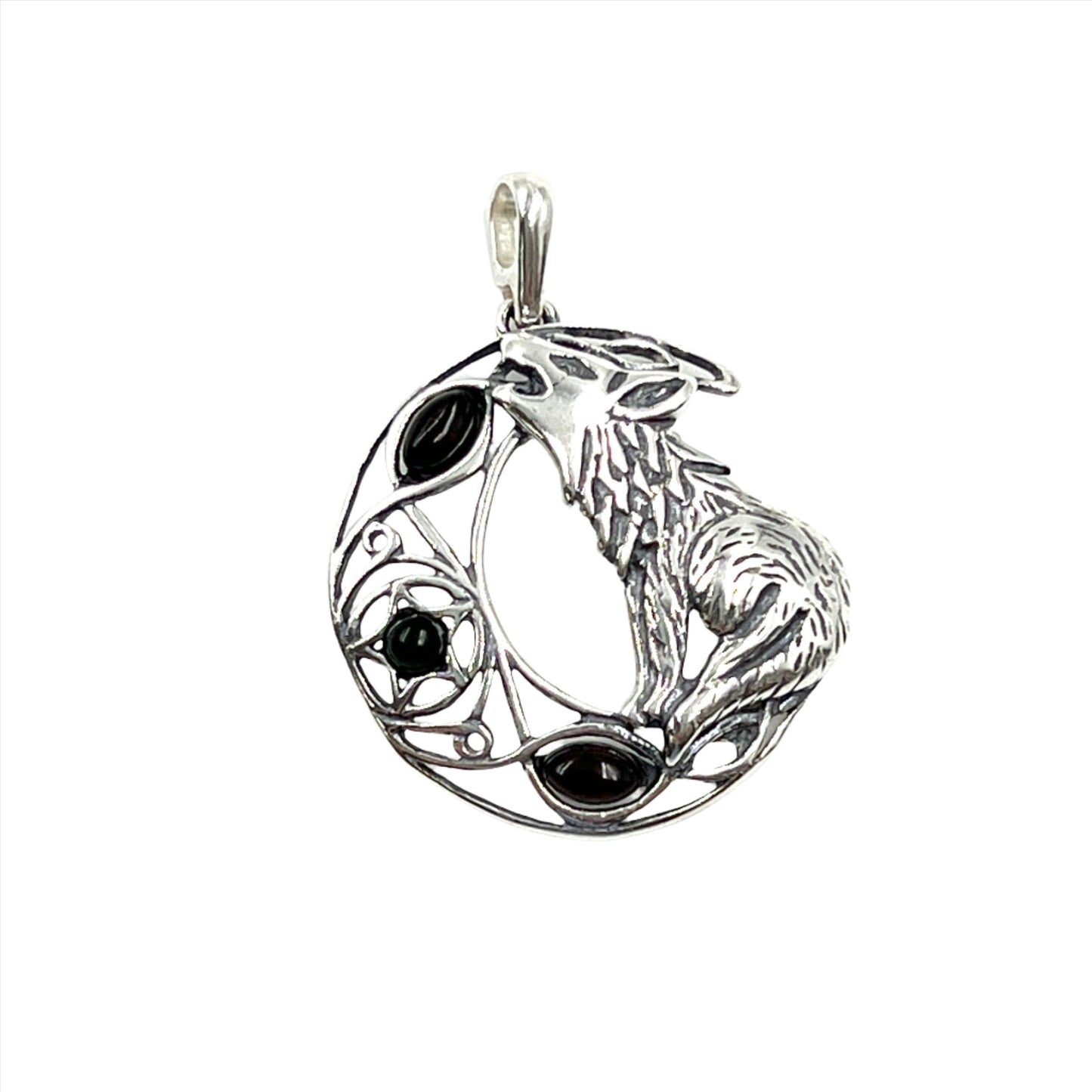 Sterling Silver Amber Wolf Howling Pendants