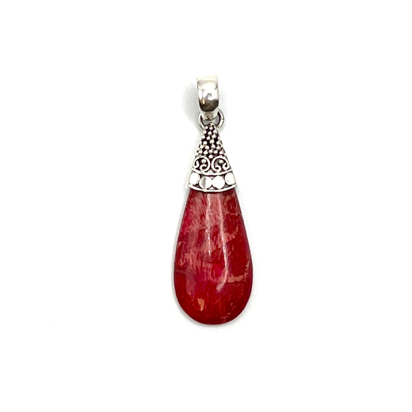 Sterling Silver Red Coral Beaded Teardrop Pendant