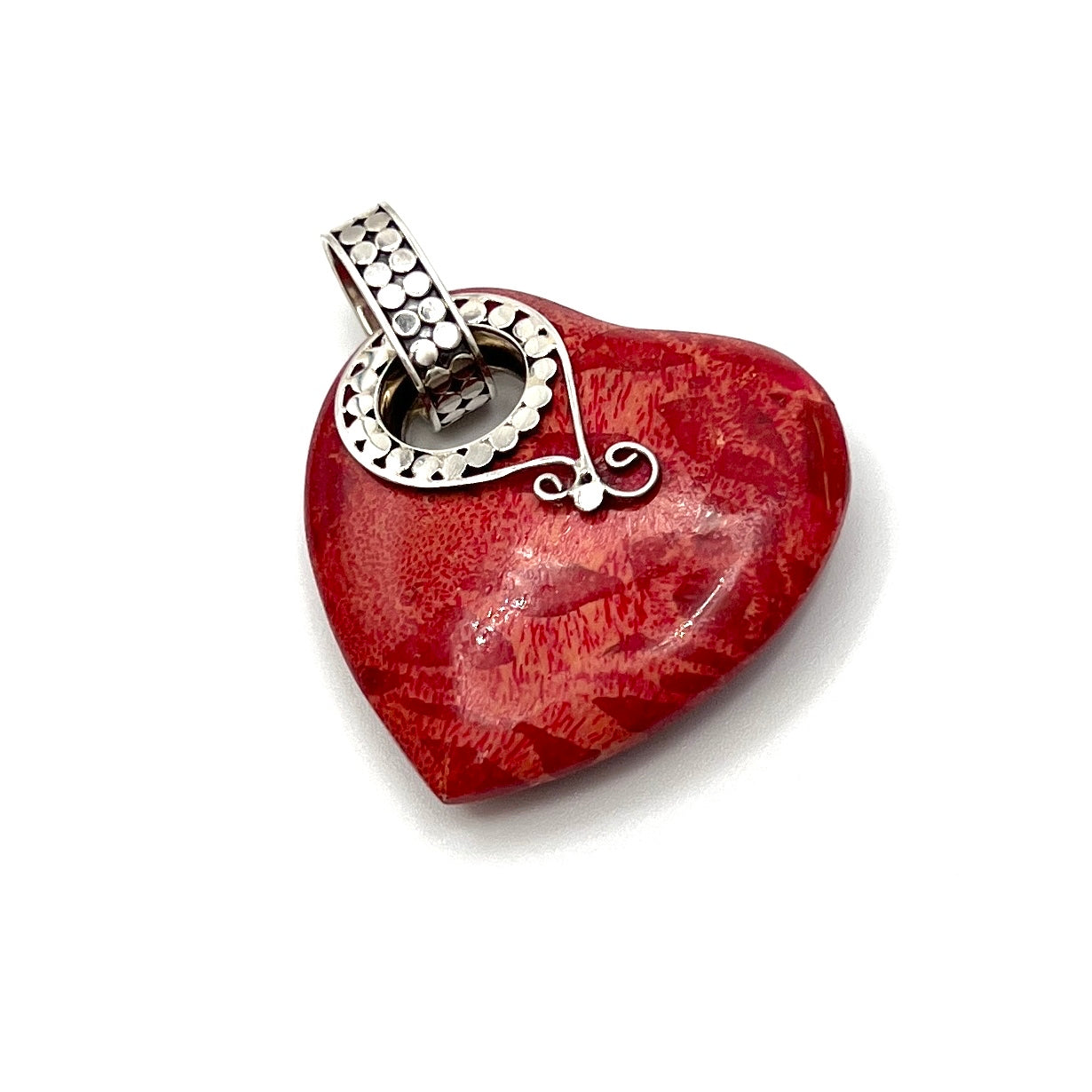 Sterling Silver Red Coral Beaded Heart Pendant