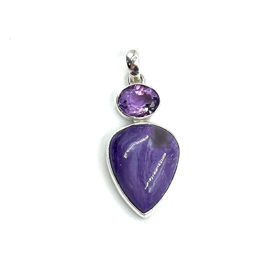 Sterling Silver Amethyst & Charoite Teardrop Pendants