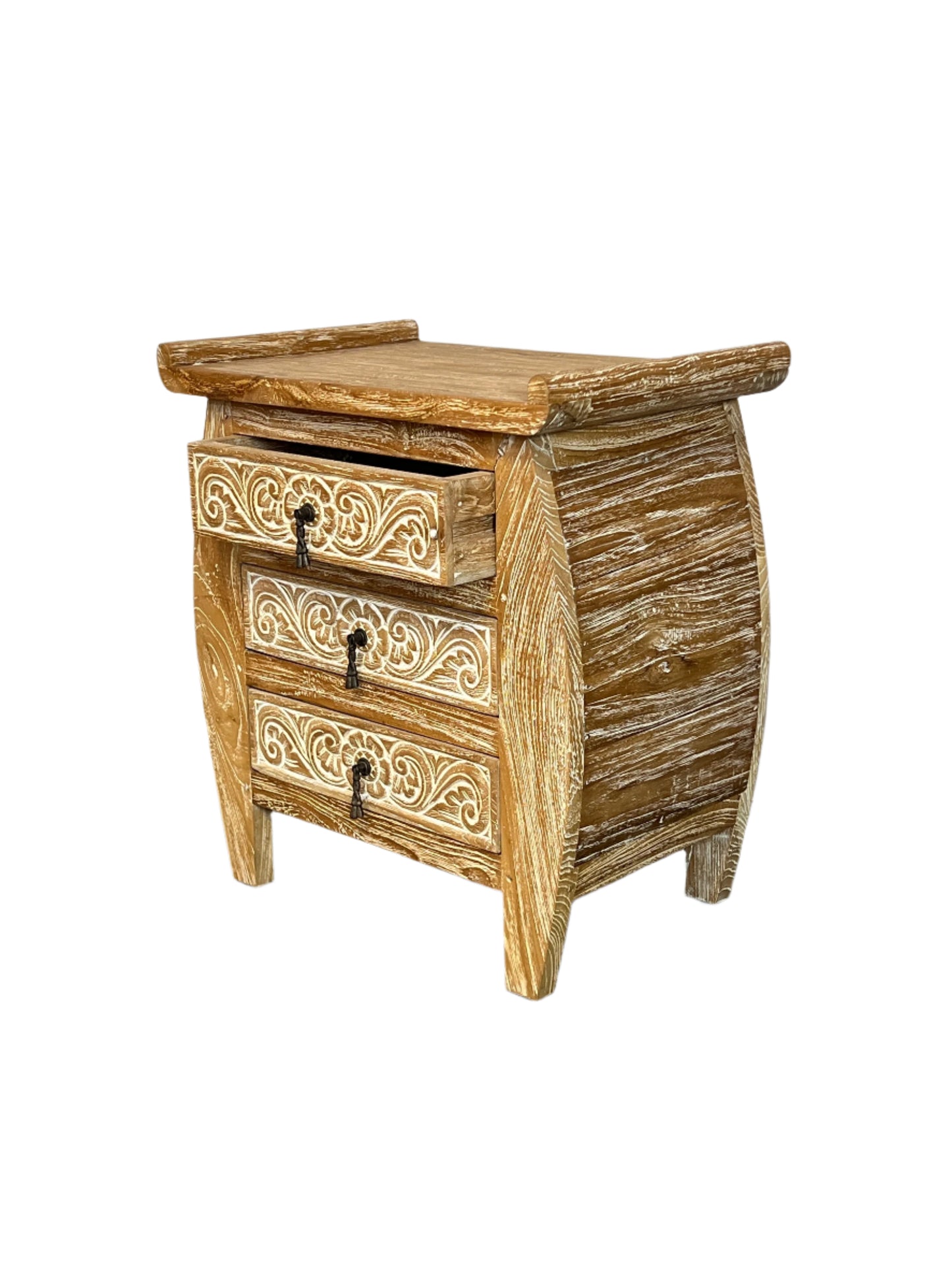 White Washed Teak 3 Drawer Nightstand