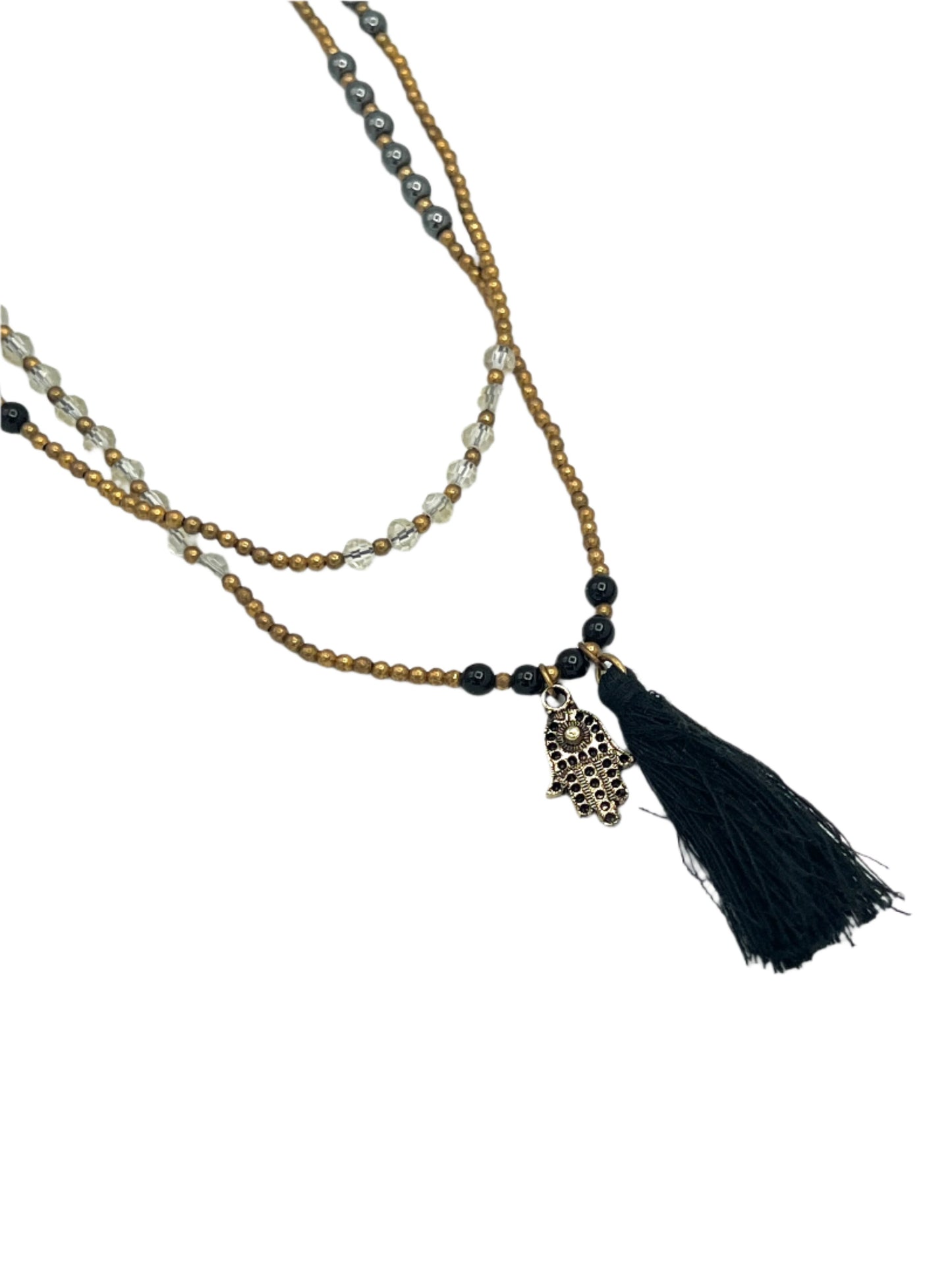 Brass Charm & Tassel Beaded Necklace