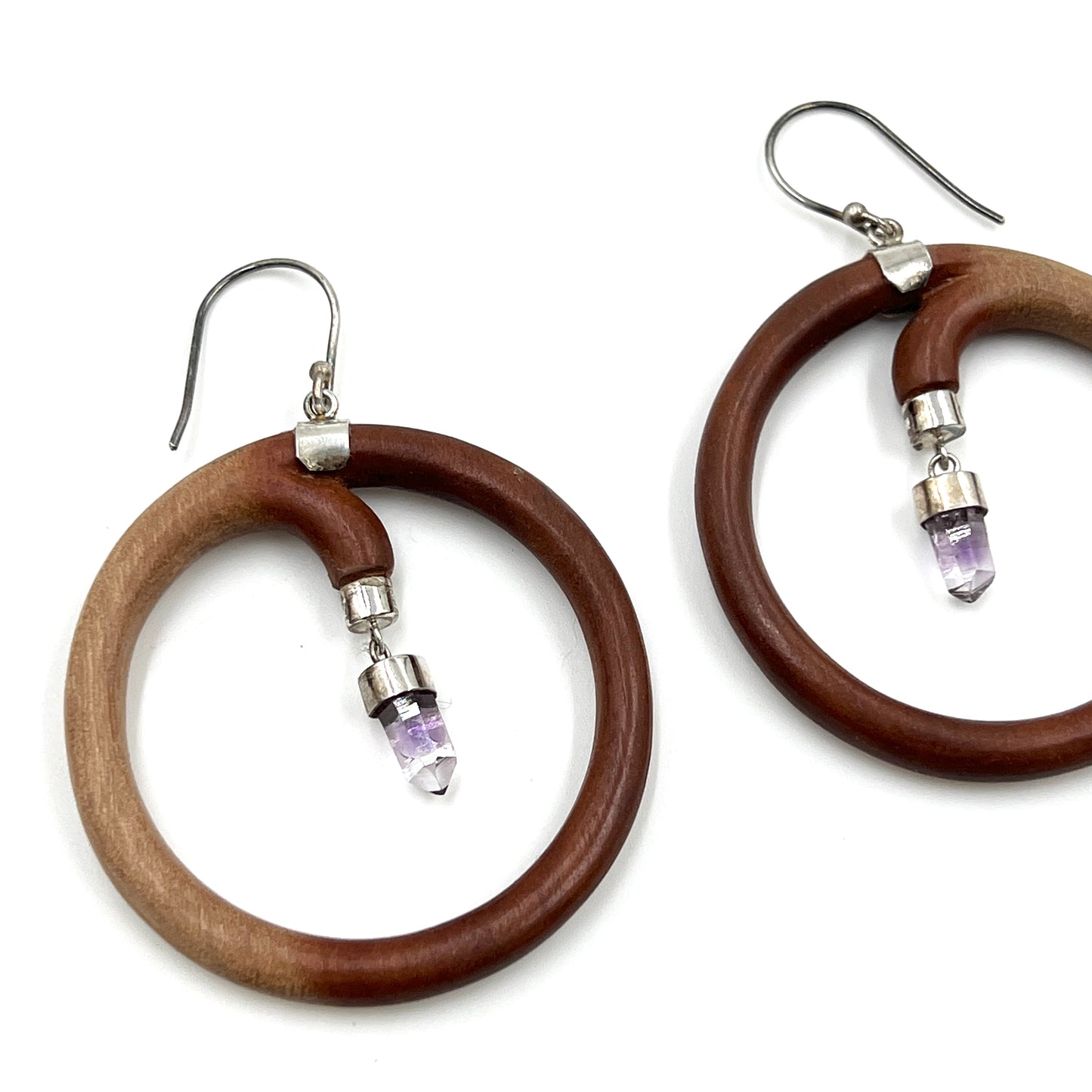 Sterling Silver Crystal Wood Hoop Earrings