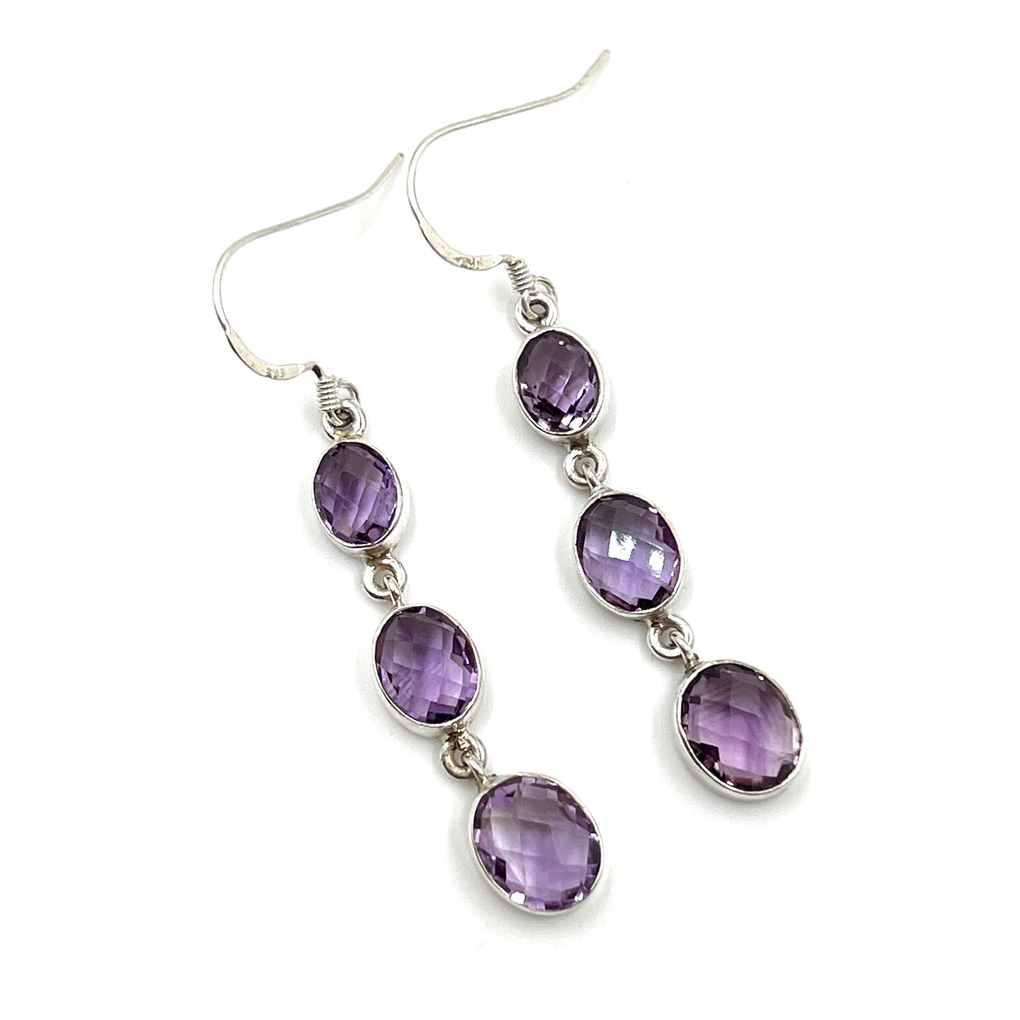 Sterling Silver Faceted Triple Amethyst Earrings