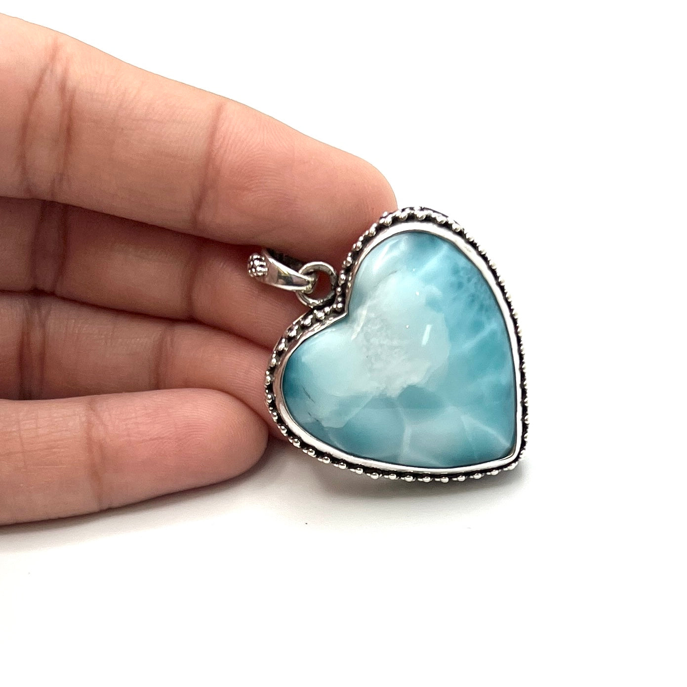 Sterling Silver Beaded Larimar Heart Pendants