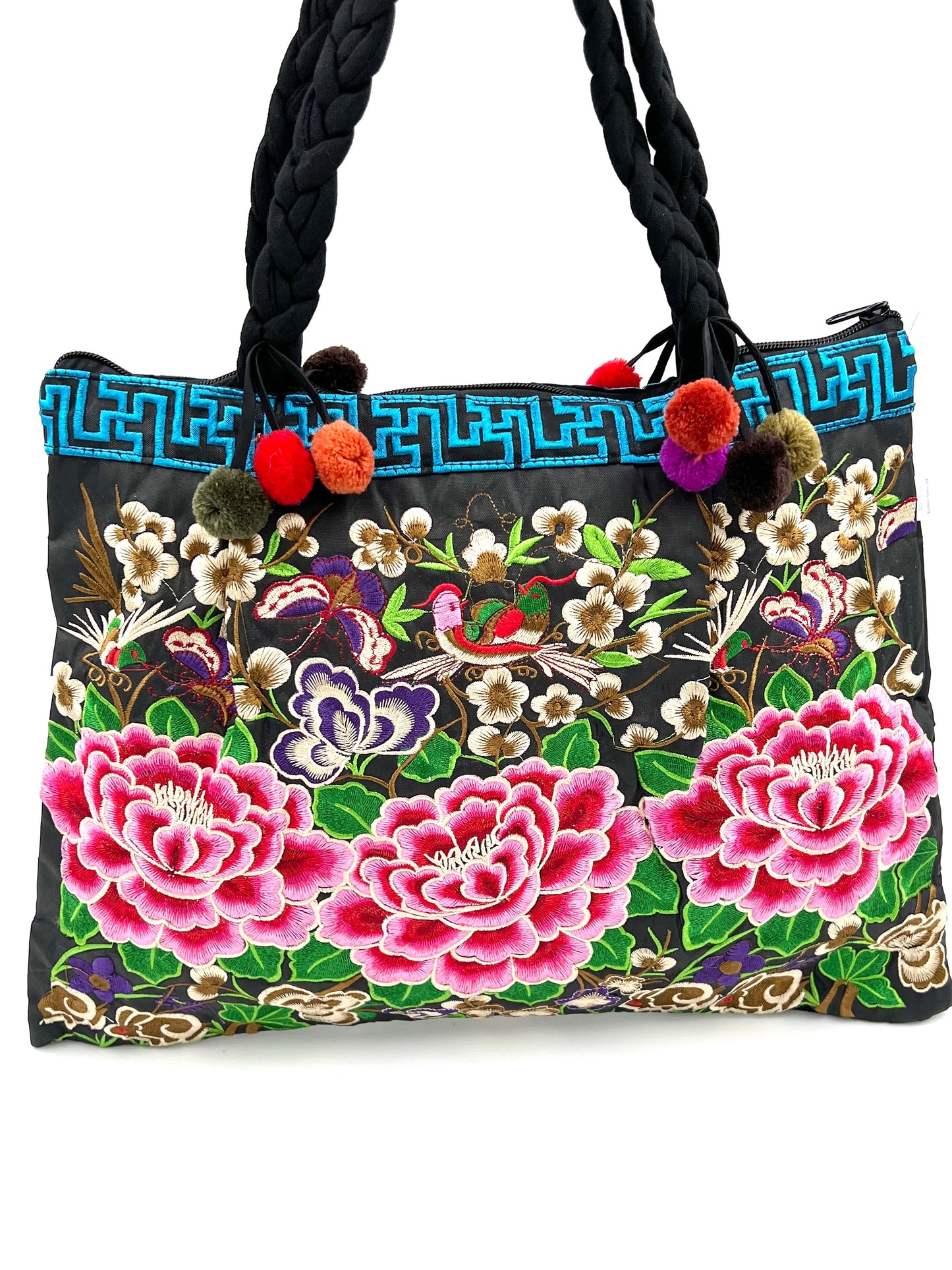 Large Embroidered Lotus Market Bag w/ Pompoms