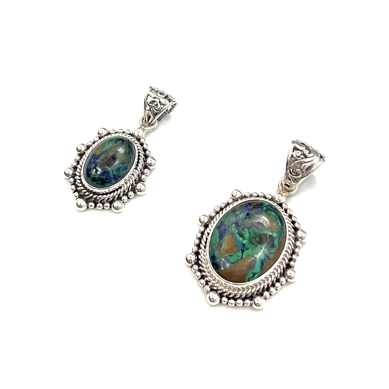 Sterling Silver Beaded Azurite & Malachite Oval Pendants