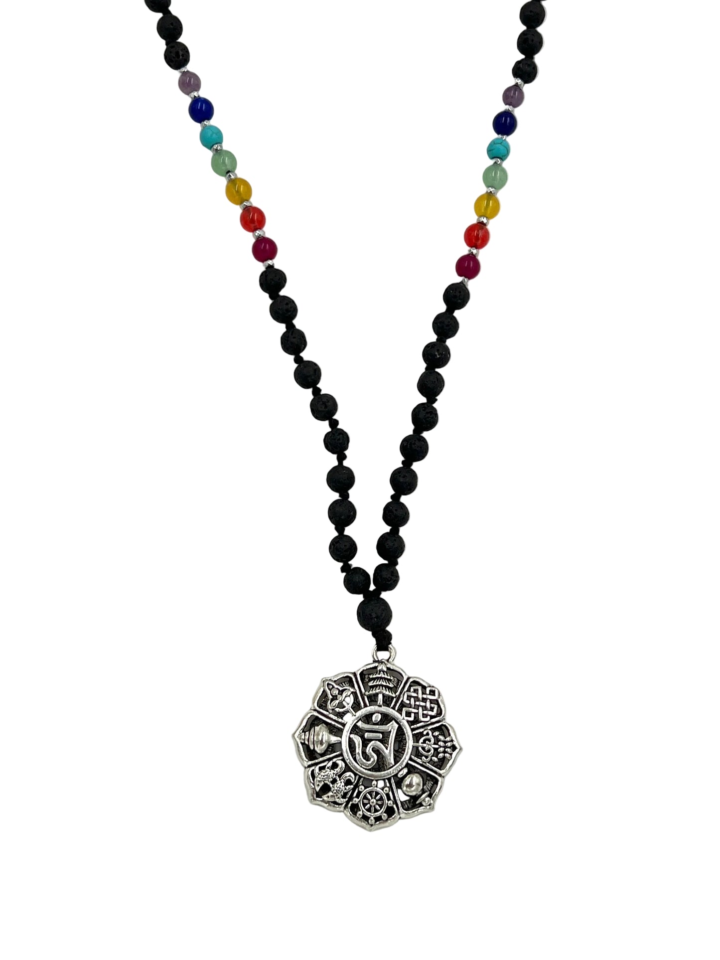 Hand knotted Lava Stone Astamangala Charka Mala