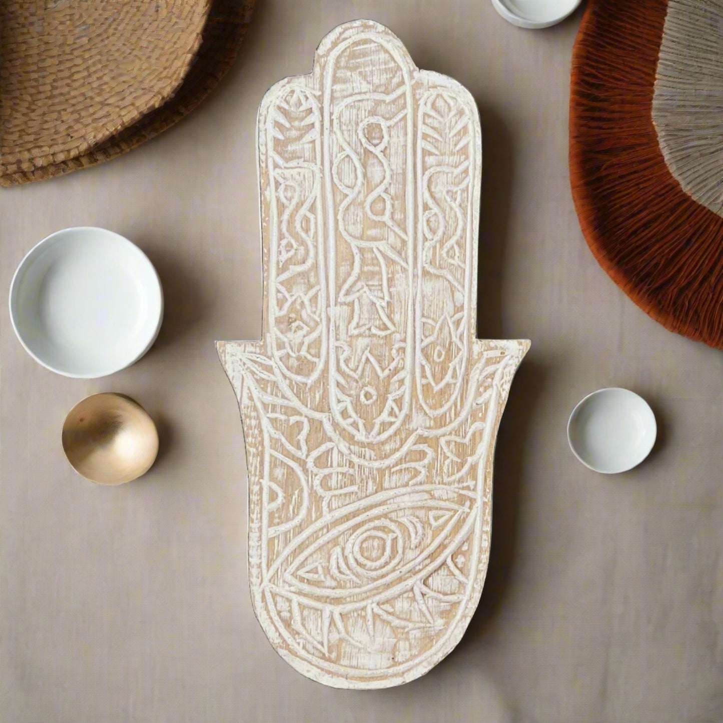 hand carved hamsa hand white wood plate, from above