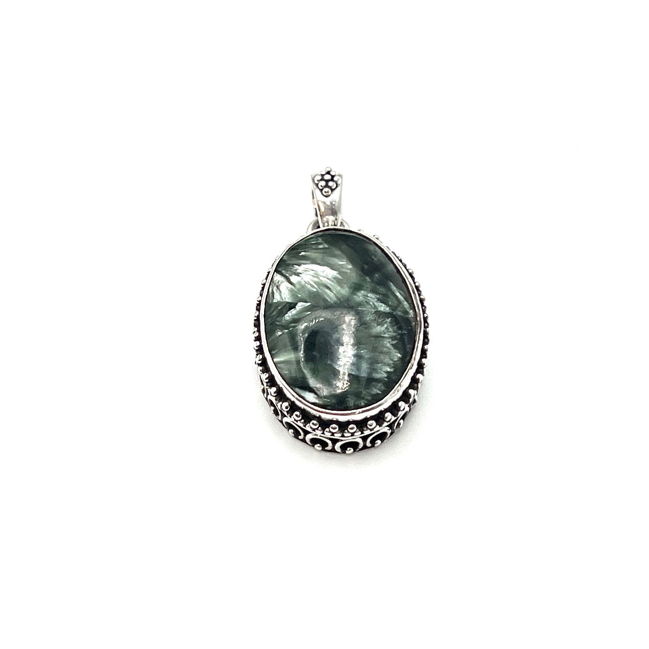 Sterling Silver Beaded Seraphinite Oval Pendants