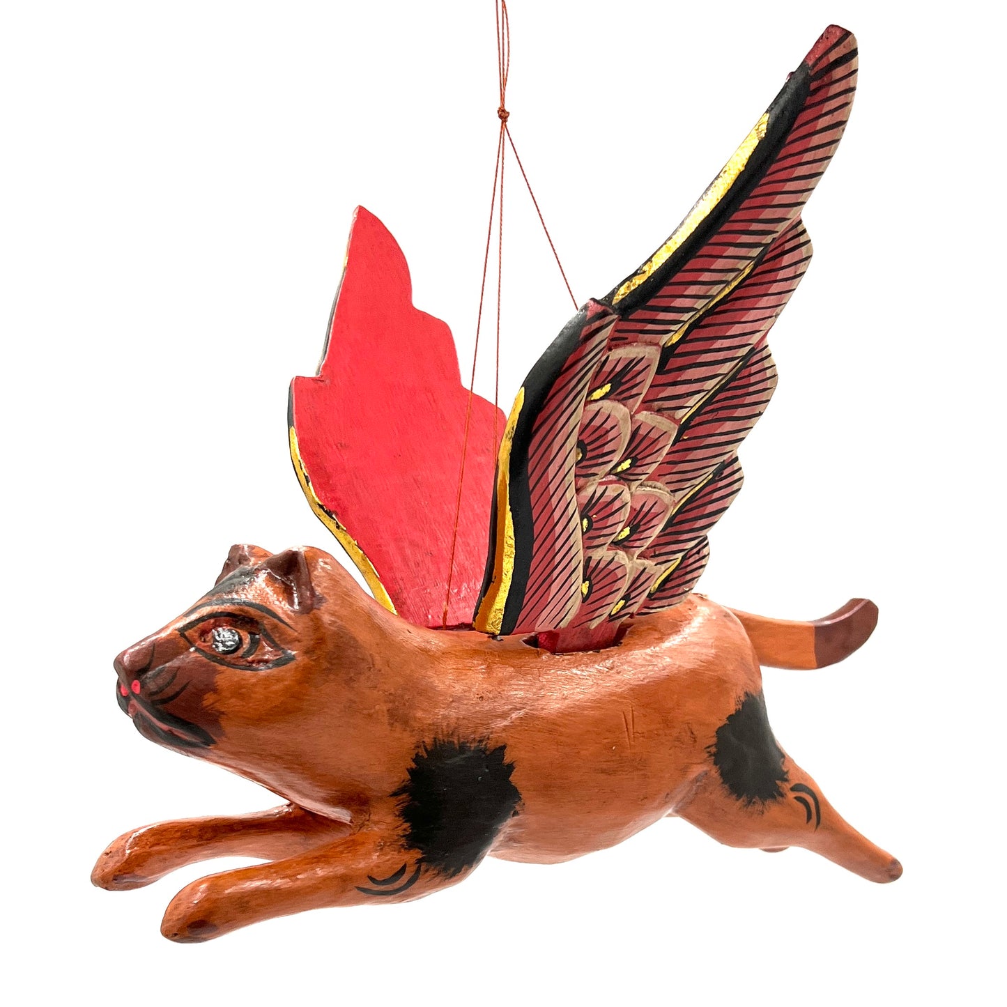 Hand Carved Flying Kitty Spirit chaser Orange & Brown Spotted